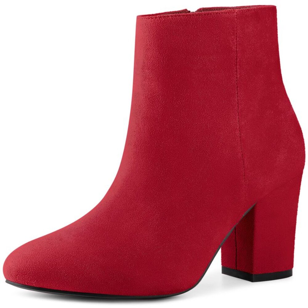 Round Toe Chunky High Heels Red Ankle Boots